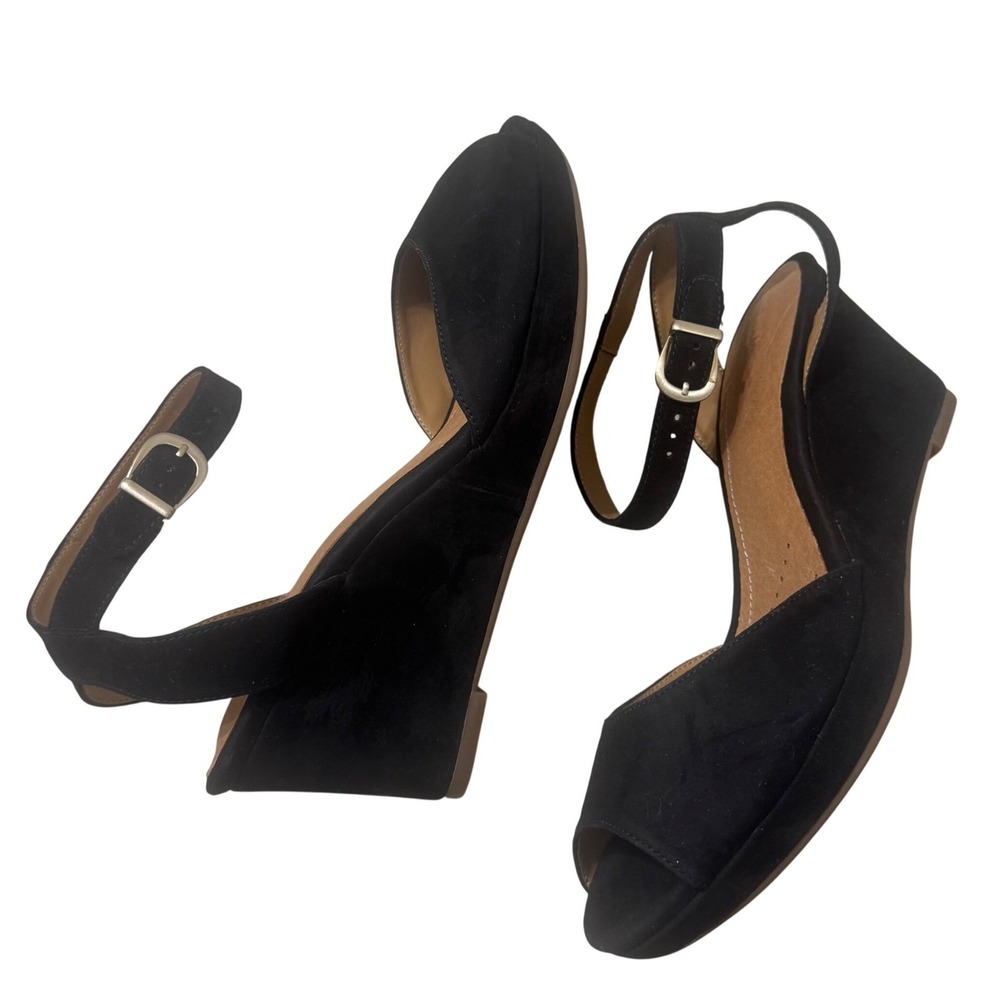 Clarks Palmdale Dasha Wedge Sandals Womens 9.5 Black Suede New Peep Toe Buckle